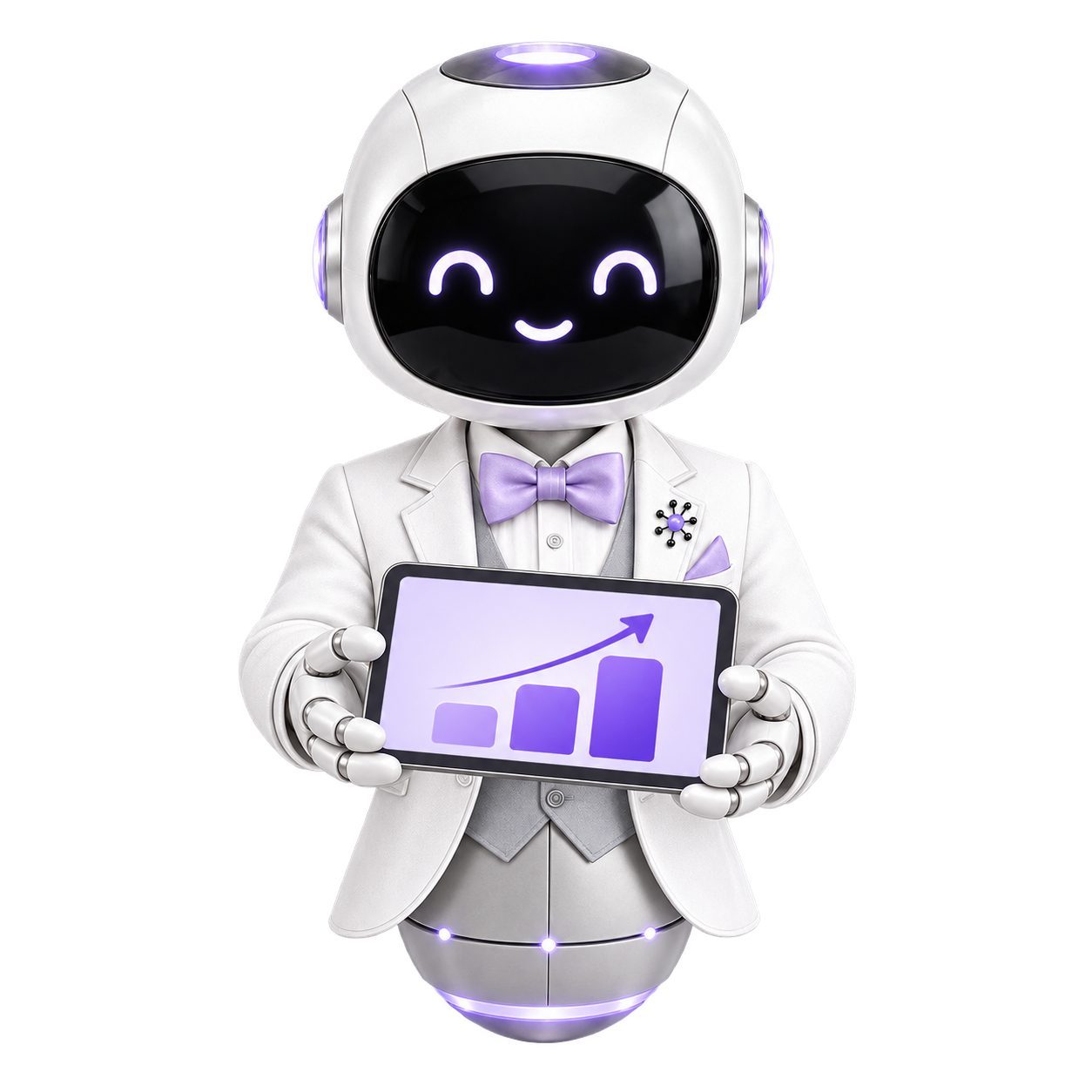 The Grid13 assistant, holding up a screen with a rising chart