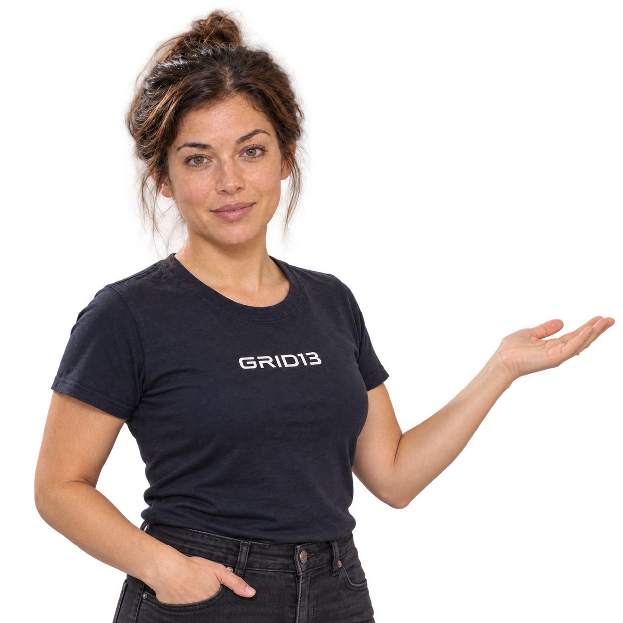 Tina, a member of the Grid13 team, in a Grid13 t-shirt, one hand held out